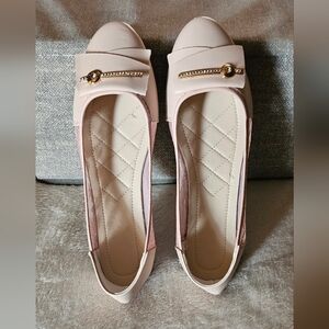 Light Pink Faux Leather Flats with Gold Buckle
